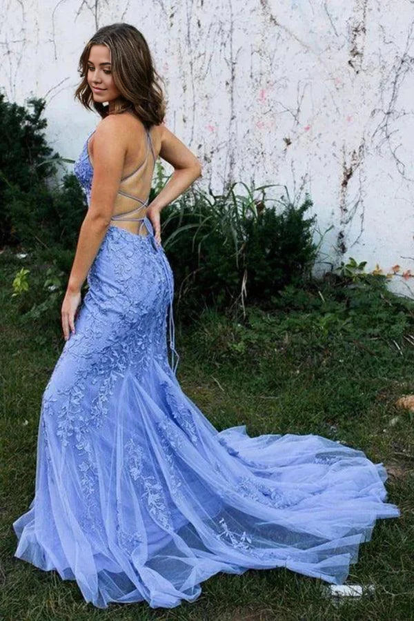 Vestidos de fiesta largos de sirena con espalda descubierta y encaje azul.